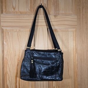 St. Johns Bay Vintage Embossed Floral  Leather Black Medium Shoulder Bag Purse